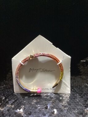 Betsey Johnson Pencil Rainbow Crystal Gold Hinge Bangle with Pink Accent